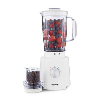 GEEPAS 2-in-1 Food Jug Blender | 1.6L Juice Jar 100G Mini Coffee Spice Grinder 4-Leaf Stainless-Steel Blades 3 Speed & Pulse Safety Lock | Smoothie Maker for Ice Crushing | 2 Year Warranty 650W
