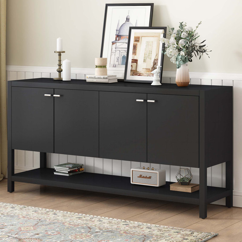 Four-door Console Table With A Open Bottom Shelf And Metal Handles, Black