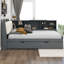 Gris, lit double, base de lit en bois, lit gigogne, plateau de rangement rotatif, tête rembourrée avec tablettes