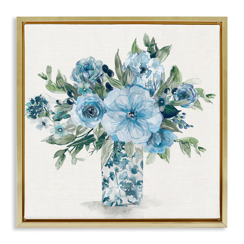 Cadre flottant feuillage pastel bleu, design par Carol Robinson, H 25 po x l 25 po, Cadre flottant métallique doré