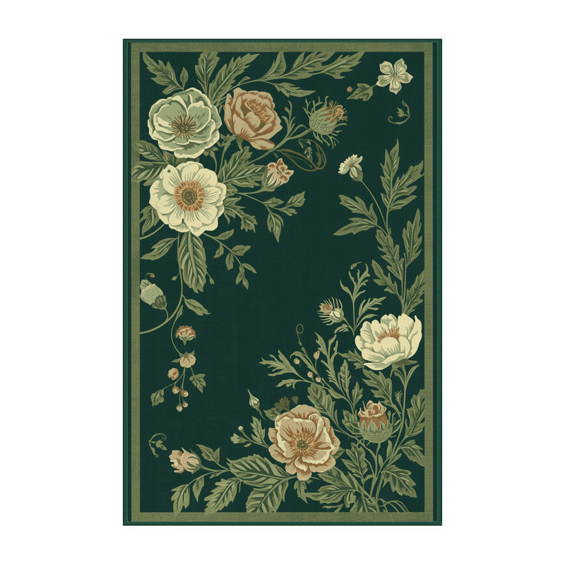 Tapis floral orné traditionnel lavable à la machine Osiyo - Reliure verte, 7 x 9