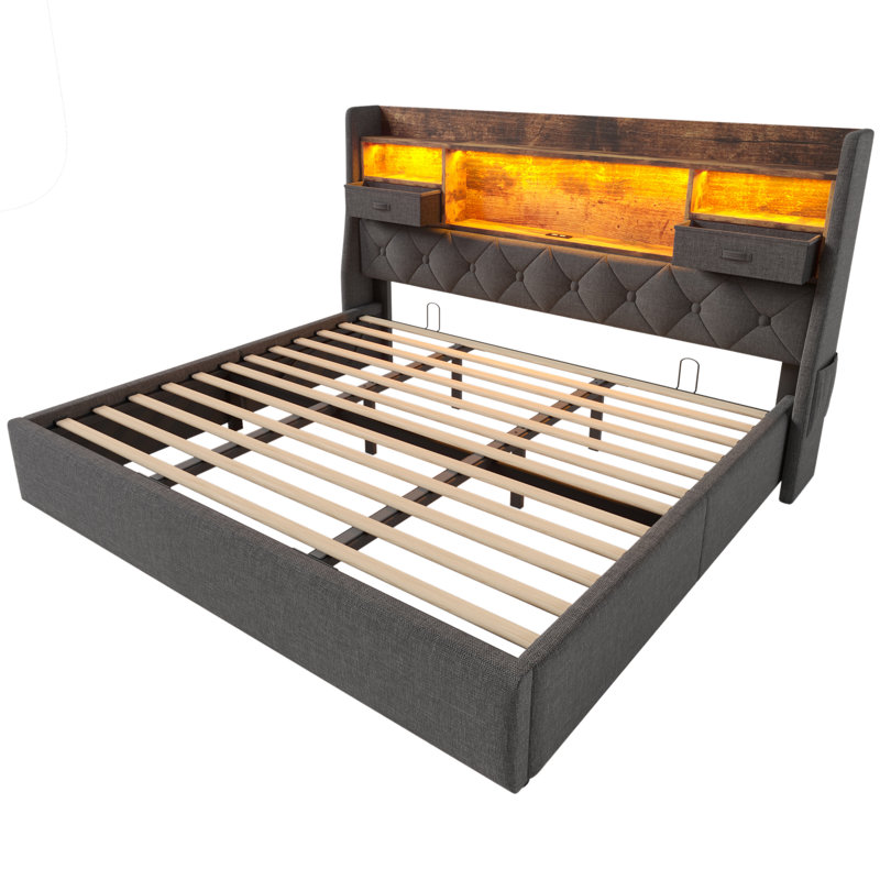 Parral Upholstered Storage Bed Hydraulic Bed with LED Lighting, USB Type-C Charging, Super King, Grey