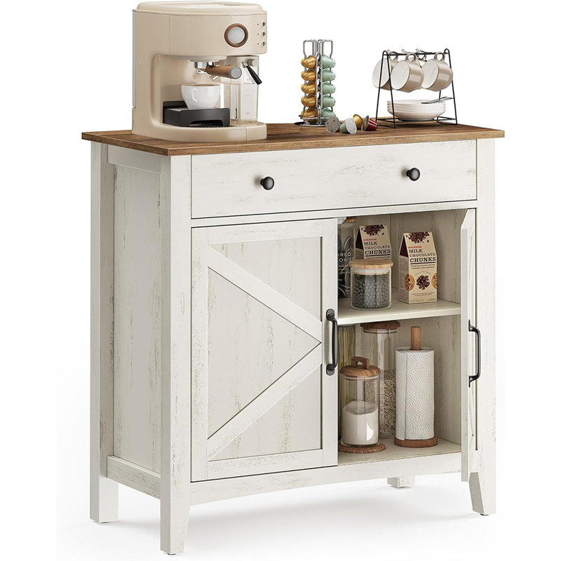 Coffee Bar Cabinet With Drawer, Adjustable Shelf, Cable Hole & Drawer Divider, Rustic White & Honey Brown
