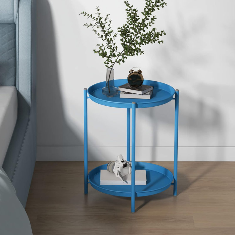 2-Tier Metal End Table With Removable Tray, Waterproof Side Table For Indoor & Outdoor Use, Small Sofa Coffee Table For Living Room, Bedroom, Balcony, Office & Patio.peacock Blue