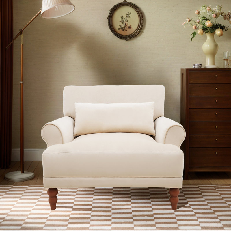 Oversize Accent Chair With A Pillow, Beige Velvet