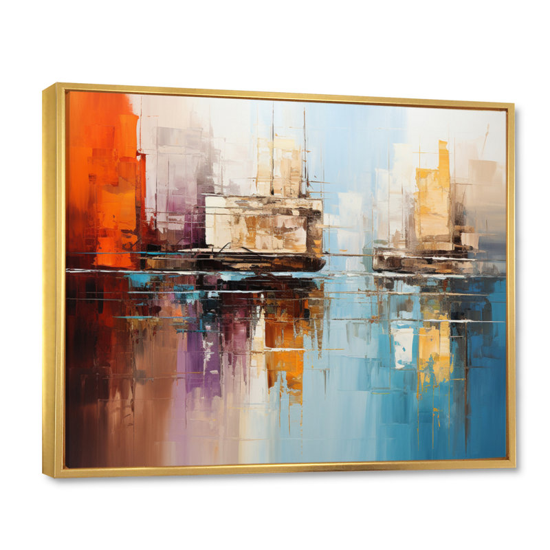 Teal Canal Abstract Reflections Bold - impression, Cadre flottant doré, H 16 po x l 32 po x P 1 po