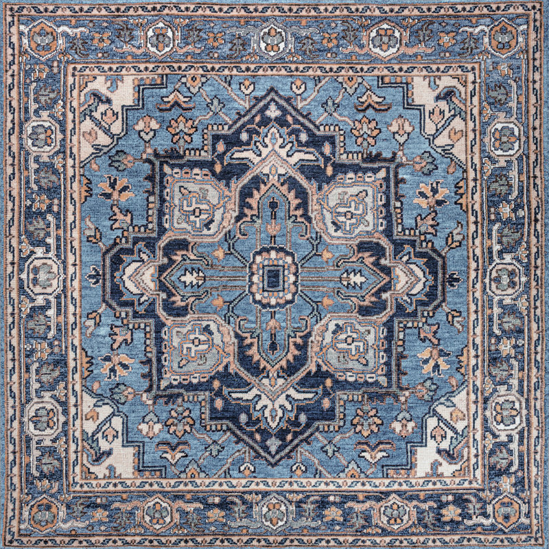 Huddleston Ornate Large Medallion Machine-Washable Blue/Beige Rug, Square 6'