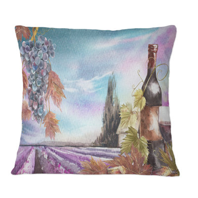 Bottles And Leaves Of Grapes, A Lavender Field I - Country Printed Throw Pillow