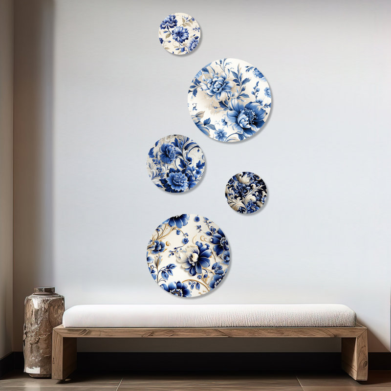 Cobalt Blue and White Floral Metal Wall Art Set of 5 Panels