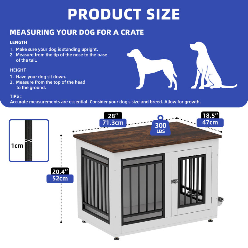 Meuble en bois pour cage de chien avec bols à nourriture double, H 20,4 po x l 28 po x P 18,5 po