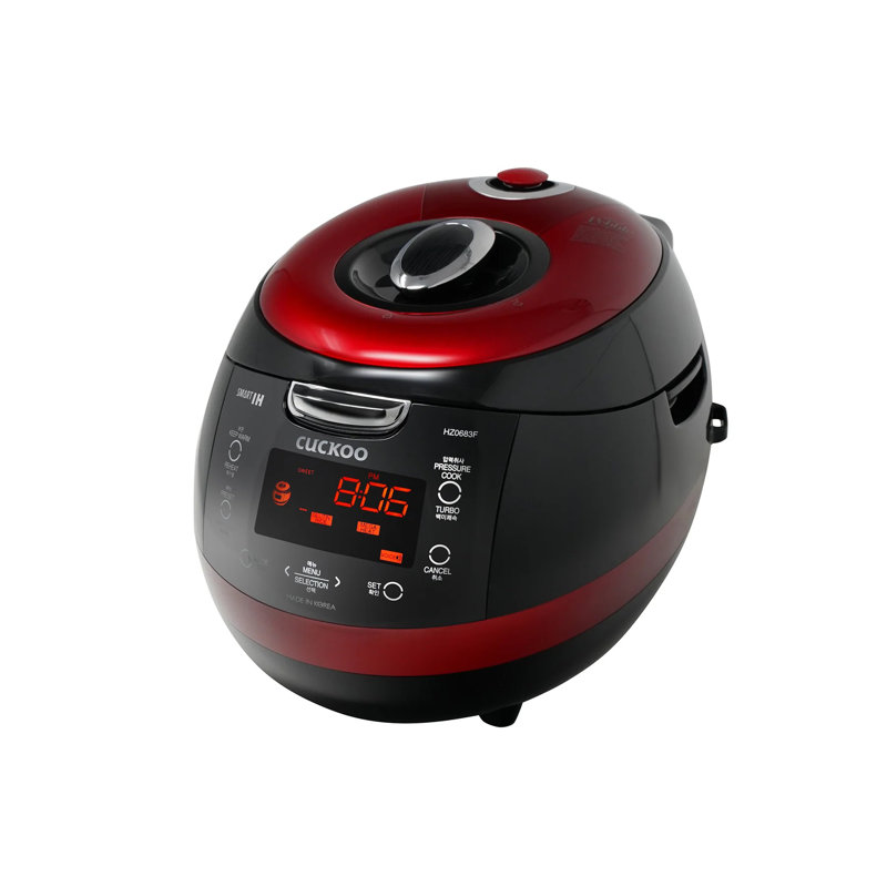 Coucou CRP-HZ0683FR | Cuiseur à riz à pression à induction 6 tasses (non cuit) | 13 options de menu, nettoyage automatique, guide de la voix, fabriqué en corée | Noir / rouge