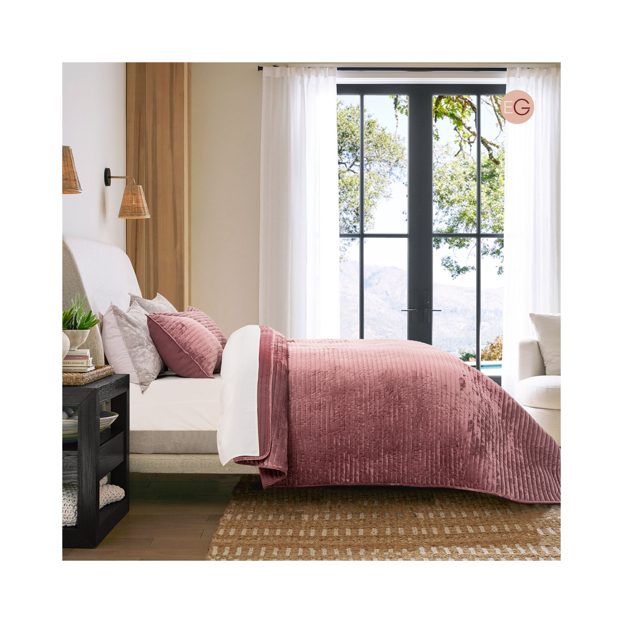 Luxe Velvet Channel Quilt Set, Burgundy, Queen