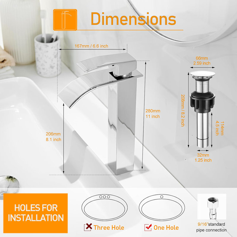 Robinet pour salle de bain à poignée simple avec drain, Chrome