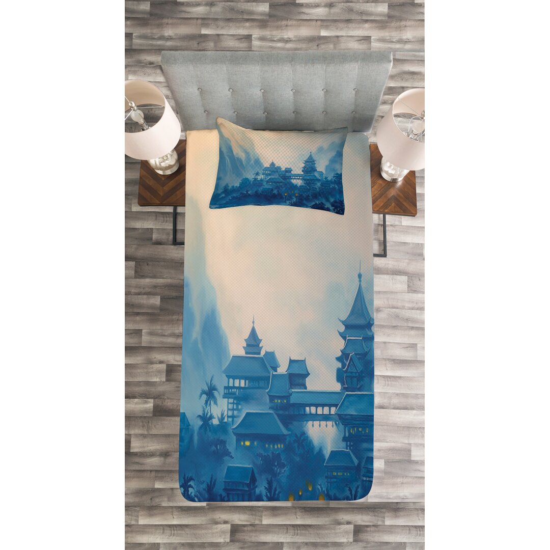 Gestepptes Bettdecken-Set, chinesische Nacht, Bauernhaus, Blau