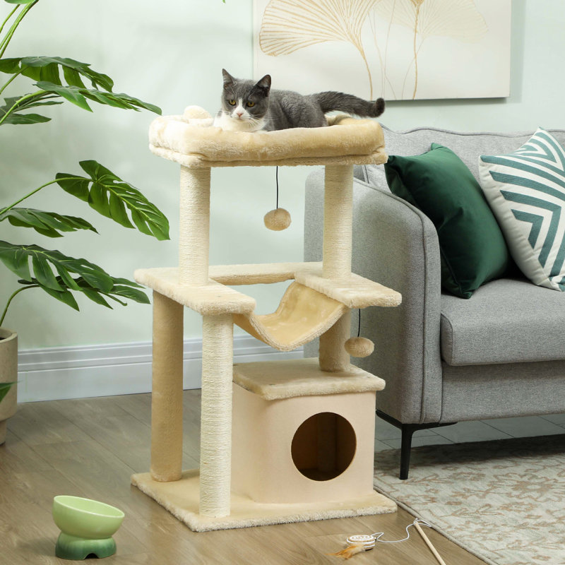 Tour à chat à plusieurs niveaux avec poteau à griffer, beige