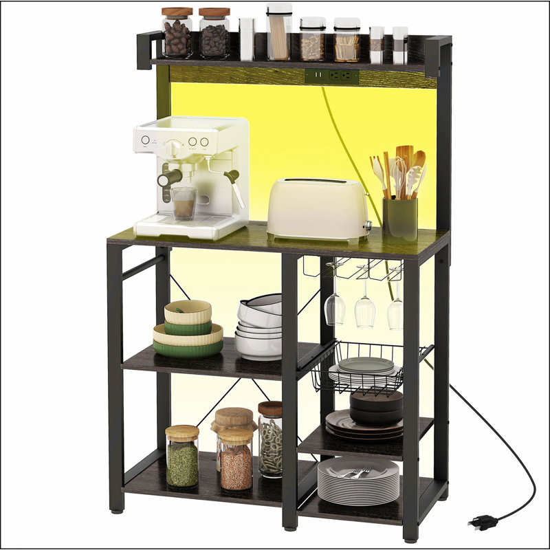 HOMCOM Baker's Rack with Power Outlet and LED Lights, Bakers Racks for Kitchens with Storage, Industrial Microwave Stand with Glass Holders, Metal Basket, Multiple Shelves, Rustic Brown