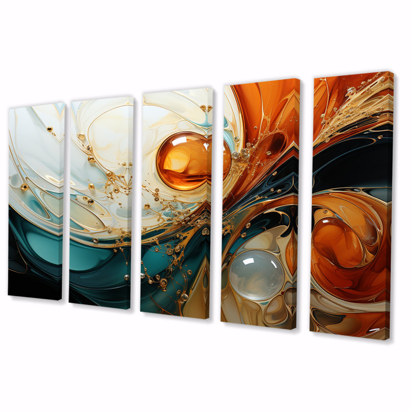 «Orange and Emerald Marble Lava IV», peinture abstraite, 5 pièces, H 32 po x l 80 po