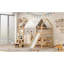 Full Size Wooden Loft Bed House-Shaped Frame With A Tent, Natural+Beige-598414185-598414182