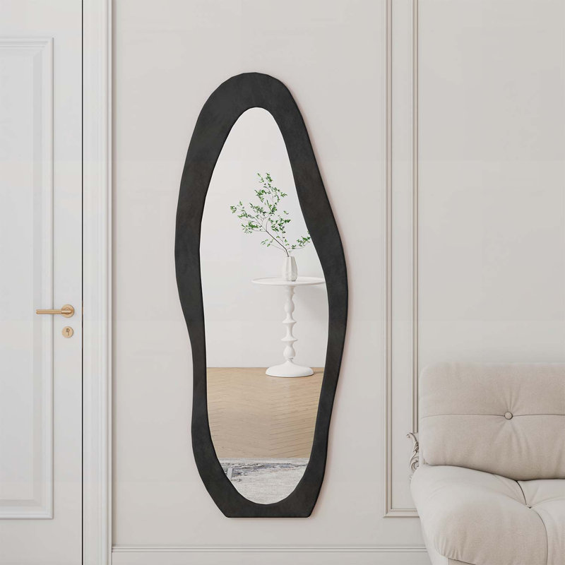 Irregular Wavy Mirror,Wooden Frame,Standing or Wall-Mounted for Elegant Home Decor, Black