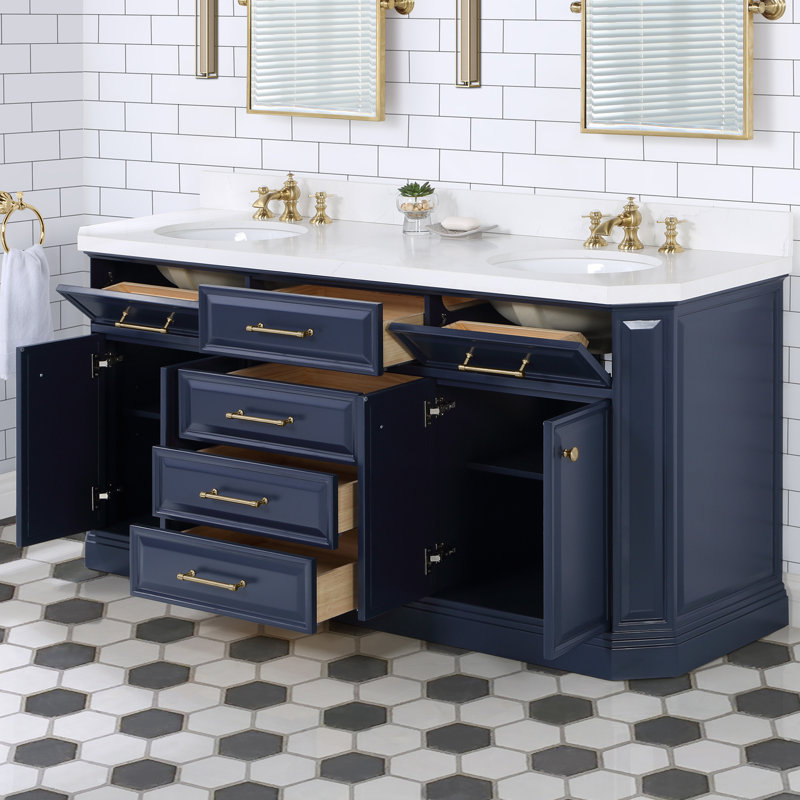 Ensemble de meuble-lavabo double 72 po Bruning, Bleu monarque, Laiton satiné