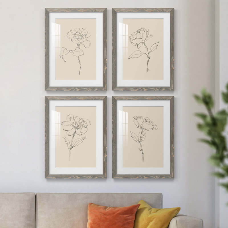 Floral Contour Study I - Ensemble de 4 cadres photo, H 20 po x l 68 po x P 1,5 po, Encadré gris