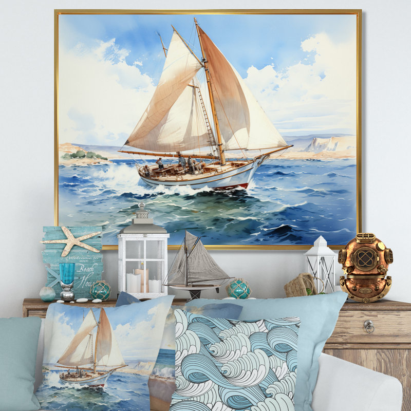 Voilier dans le vent III sur toile, H 24 po x l 32 po x P 1 po, Cadre flottant doré