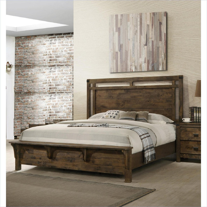 Grand lit plateforme de style industriel rustique avec pied de lit à banc intégré, meubles de chambre à coucher en bois massif de couleur brune