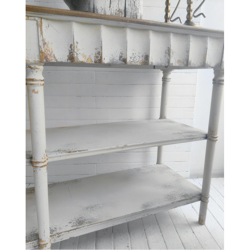 63” X 35” Wooden Three-tiered Console Table With Distressed White Finish And Scalloped Details, Farmhouse Accent Table