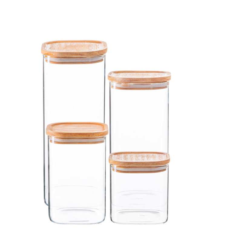 Argon Tableware - Square Glass Storage Jars with Wooden Lids - 4 Piece Set