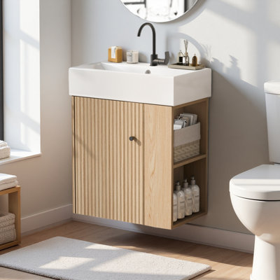 21.6" Modern Floating Bathroom Vanity With Ceramic Basin, Right Side Storage-  For Small Bathrooms