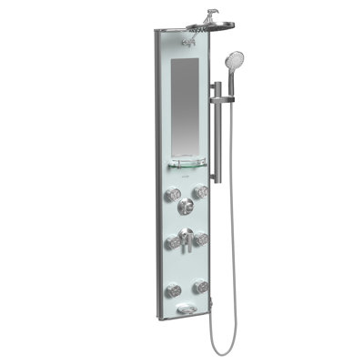 Douche à main 8 po Kihei II avec 6 jets de corps, douche à main multifonctionnelle et miroir intégré en verre écume de mer et chrome