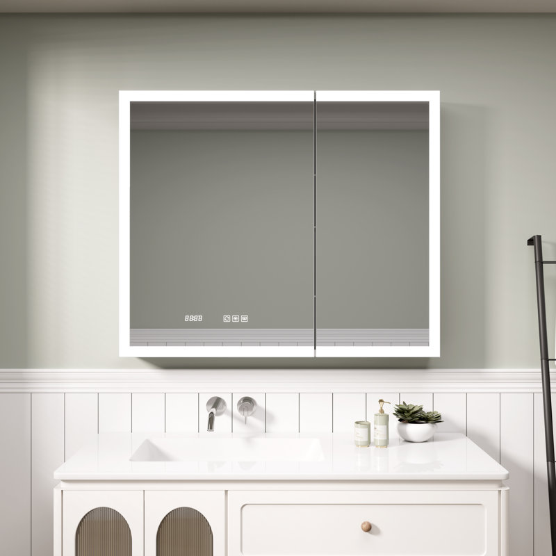  36 in. W x 30 in. H Rectangular Silver Aluminum Recessed/Surface Mount Lighted Medicine Cabinet with Mirror and Clock