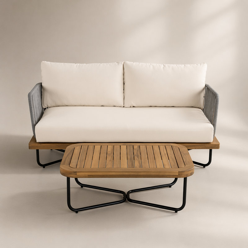 Ensemble de causeuse et de table en bois d'acacia tissé Lucca, beige, durable et élégant