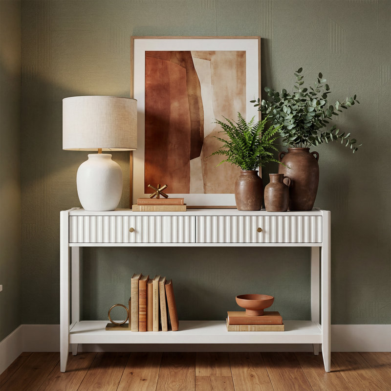 Entryway Console Table With Two Drawers, Mid-century Modern Sofa Table Behind The Couch With Solid Wood Legs, Cream White