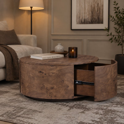 Table basse rotative en bois avec 2 tiroirs, plateau tournant à 360 °