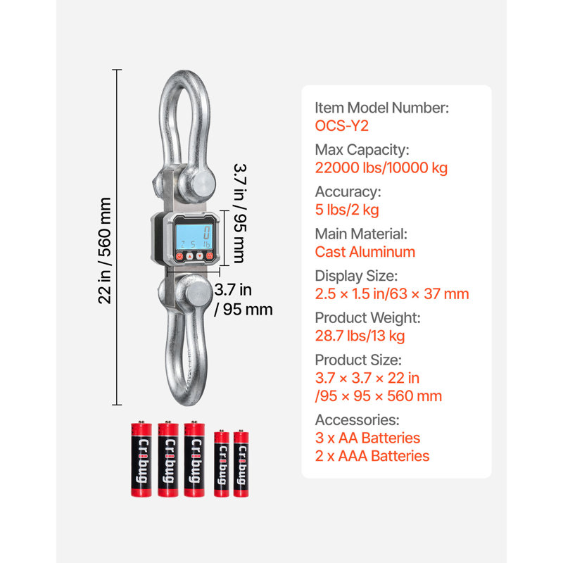 Digital Crane Scale, 22000 lbs/10 T Max Capacity, 5 lbs Division & 3 Unit Switch, Heavy-Duty Industrial Hanging Scale with Cast Aluminum Case & LCD Display, Remote Control for Garage Factory