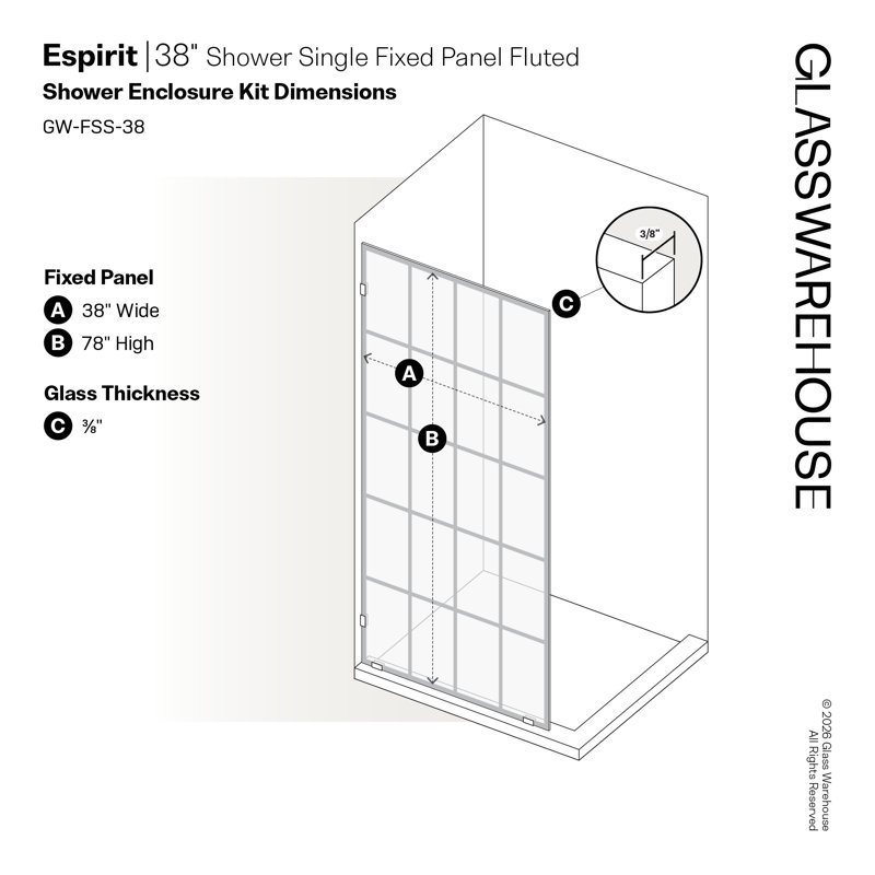 Esprit 38 in. x 78 in. French Monture Single Fixed Shower Panel