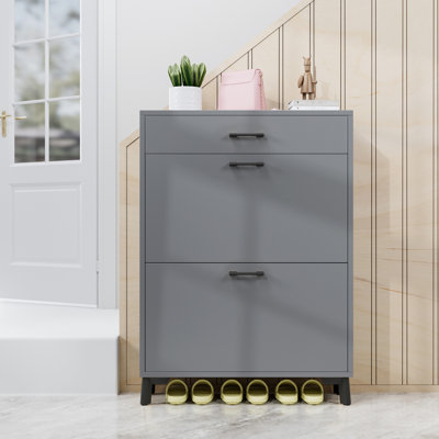 Gray Shoe Shelf Cabinet - 2 Flip Drawers, Space Saving, & Practical Container Build