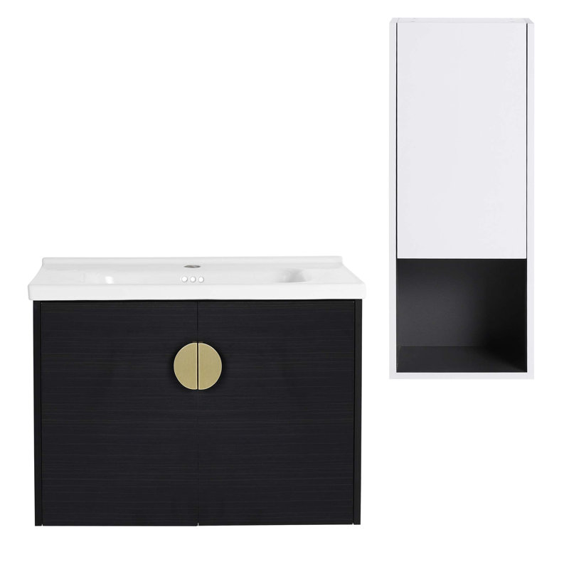 Meuble-lavabo mural avec lavabo en céramique et armoire latérale, portes à fermeture douce, armoire combinée