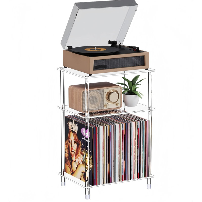 Support pour tourne-disque en acrylique transparent avec rangement en vinyle, petite table tournante latérale à 3 niveaux avec tablette pour album, table de chevet moderne pour le salon et la chambre à coucher