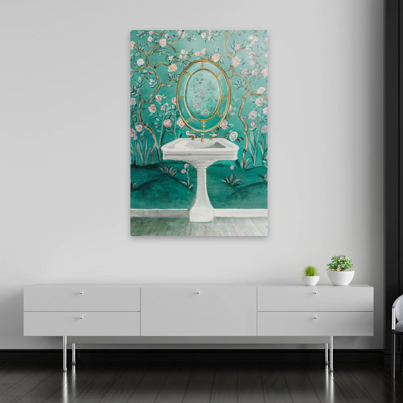 «Chinoiserie Bath I» contemporain bleu floral or bain chinoiserie, H 60 po x l 40 po
