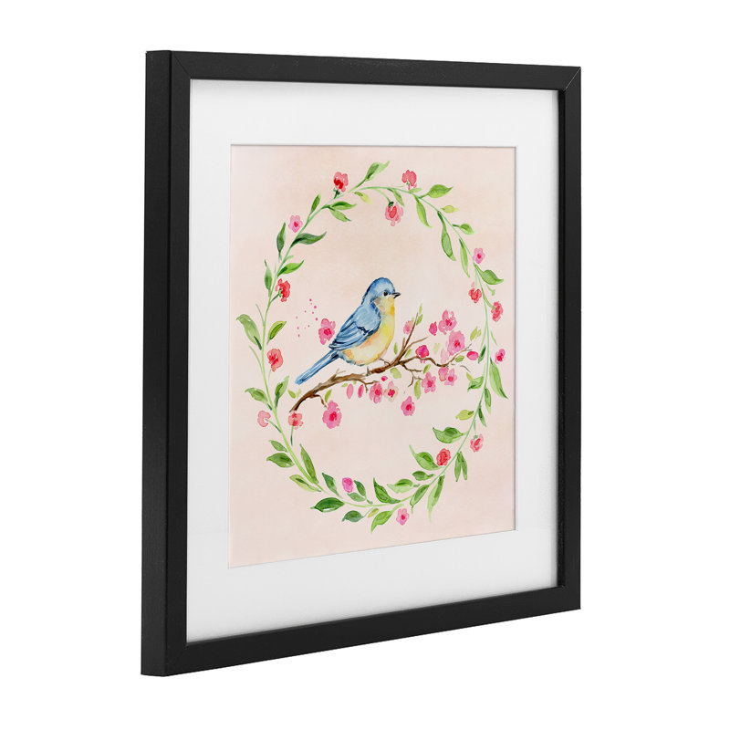 «Spring Bird Wreath Perch», reproduction sous verre encadrée, conception par Elena Fay, H 16 po x l 16 po, Cadre noir minuit
