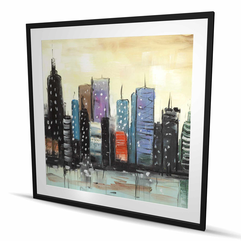 «Skyline on Abstract Cityscape - Construire des villes», reproduction encadrée, H 48 po x l 48 po, Noir