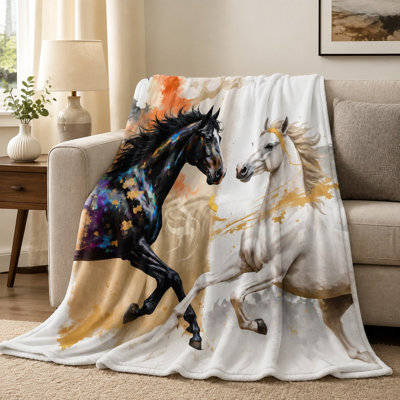 Jeté en flanelle à motif de cheval artistique - Chevaux noirs et blancs majestueux, conception éclatante, confortable et douce, confort toutes saisons, décoratif, pour canapé, canapé, chambre à coucher de salon