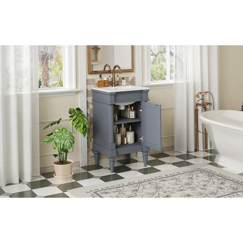 Meuble-lavabo moderne de 18 pouces avec lavabo, meuble de rangement moderne avec porte, meuble de salle de bain autoportant pour petit espace, meuble-lavabo simple avec tablette réglable