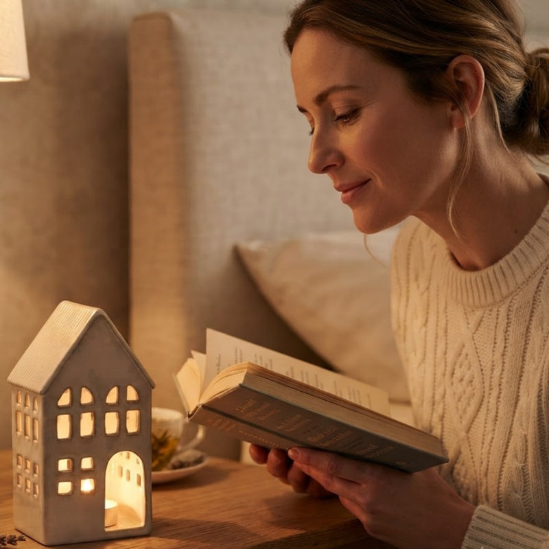 Ceramic Townhouse Tealight Holder - Hand-Finished Candle Lantern with Cut-Out Windows Starry Roof Home Décor