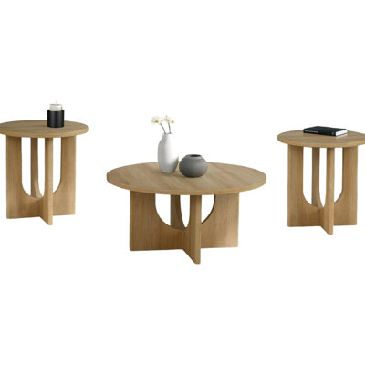 3pc Table Of Contemporary Style With 1 Round Coffee And 2 End Tables Cross Arch Base In Natural Appearance For Home Interior Arranging Including Paper