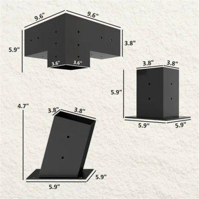 Black Steel Vine Frame Pergola Hardware Kit, 15° Three‑Way Brackets with Post Bases & Wall Mounts for 3.62" x 3.62" Lumber, DIY Wall‑Mounted Pergola Accessories