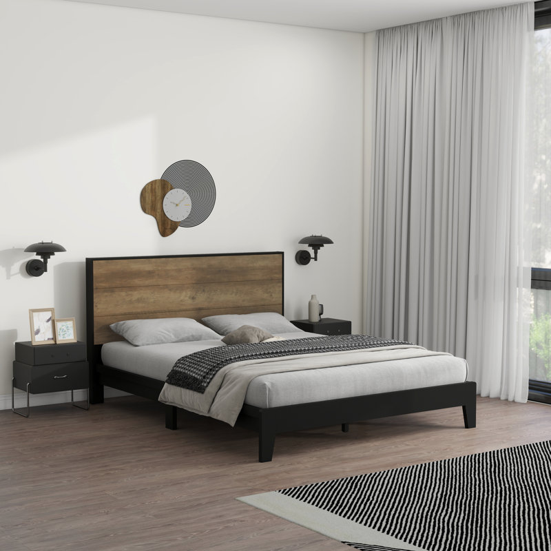Allyannah Levison Platform Bed With Headboard, Queen, Black/Knotty Oak