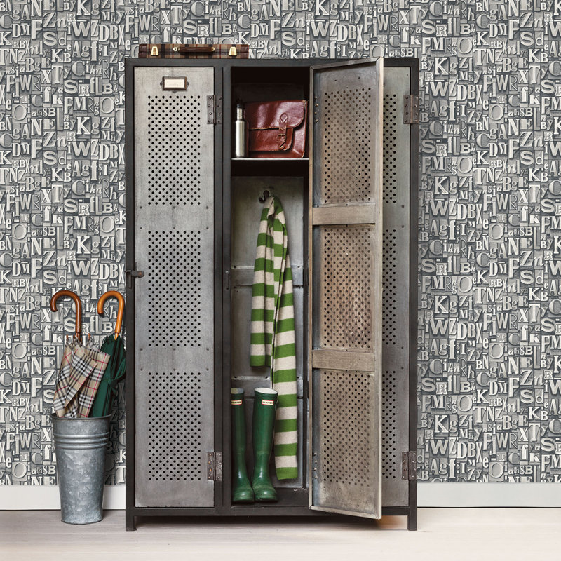 Nostalgie Block Letters Design Wallpaper Roll, Black/Metallic Silver